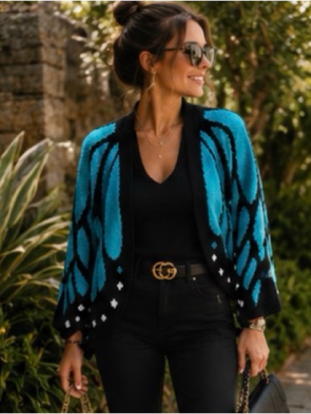 Farm Rio Style Butterfly Wing Cape Cardigan Turquoise Statement Sweater S